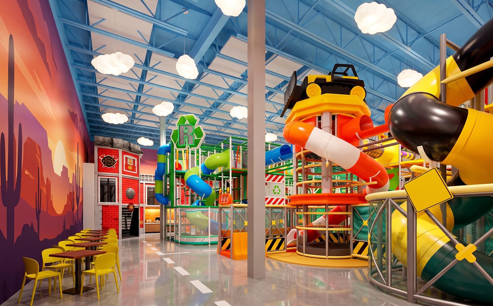 Build and fit-out — construction-themed play structures beneath a sky-blue ceiling with cloud lighting