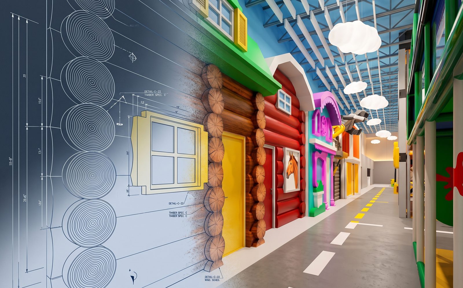 Concept and design — technical drawings blending into the finished themed streetscape
