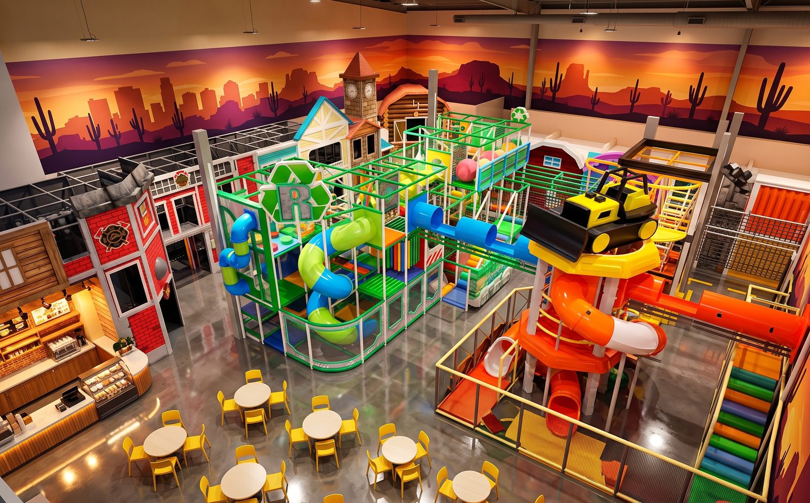 Open and operate — aerial view of the finished venue, play structures and family café